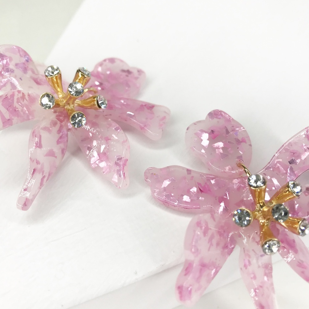 Mini Crystal Lily Drop Earrings in Pink - Picture 2 of 6